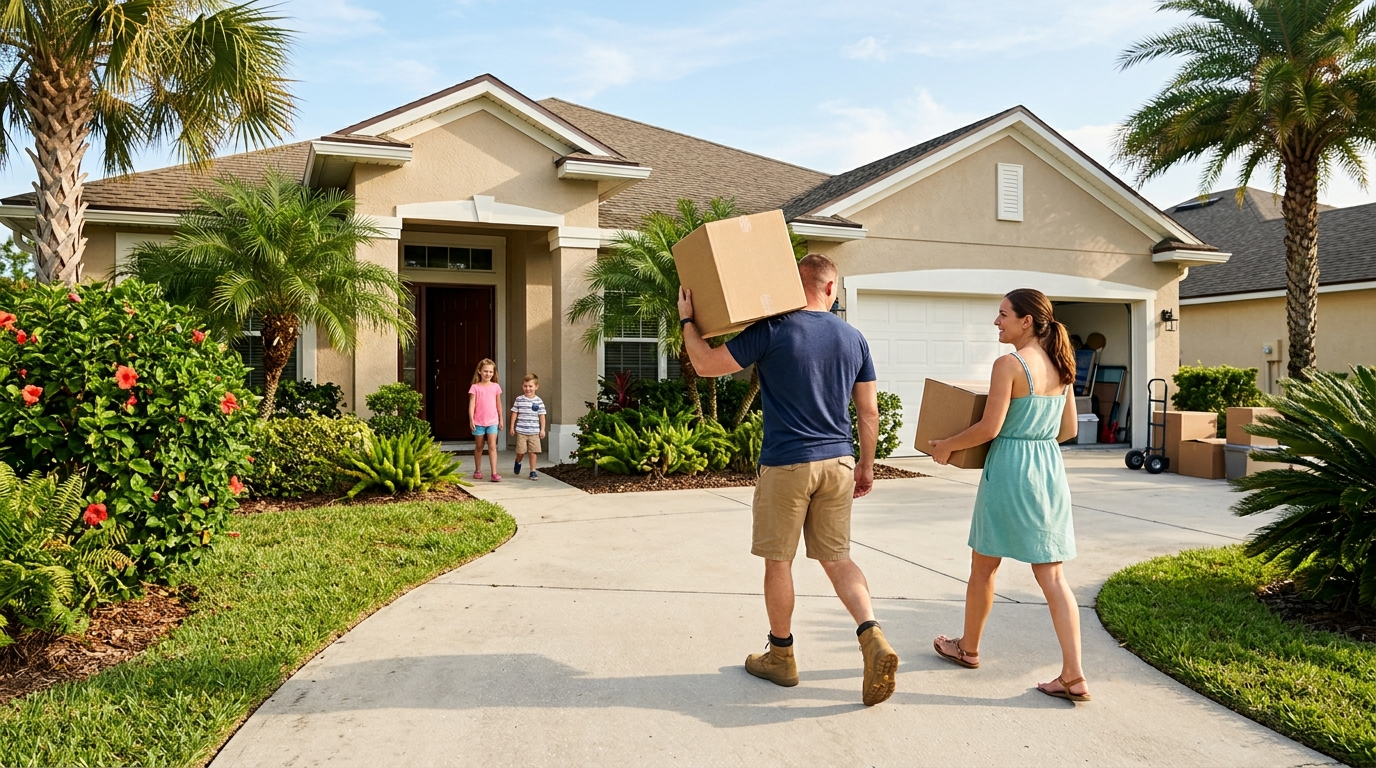 Active military family carrying moving boxes outside their new Orange Park Florida home near NAS Jacksonville base
