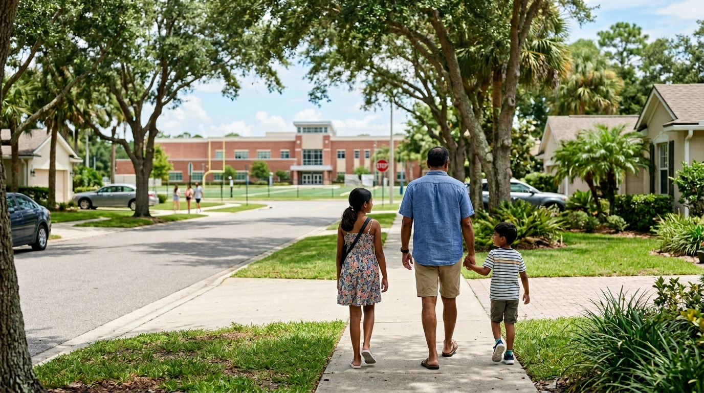 Family touring Ponte Vedra Beach neighborhood near a top ranked St Johns County school district high school campus
