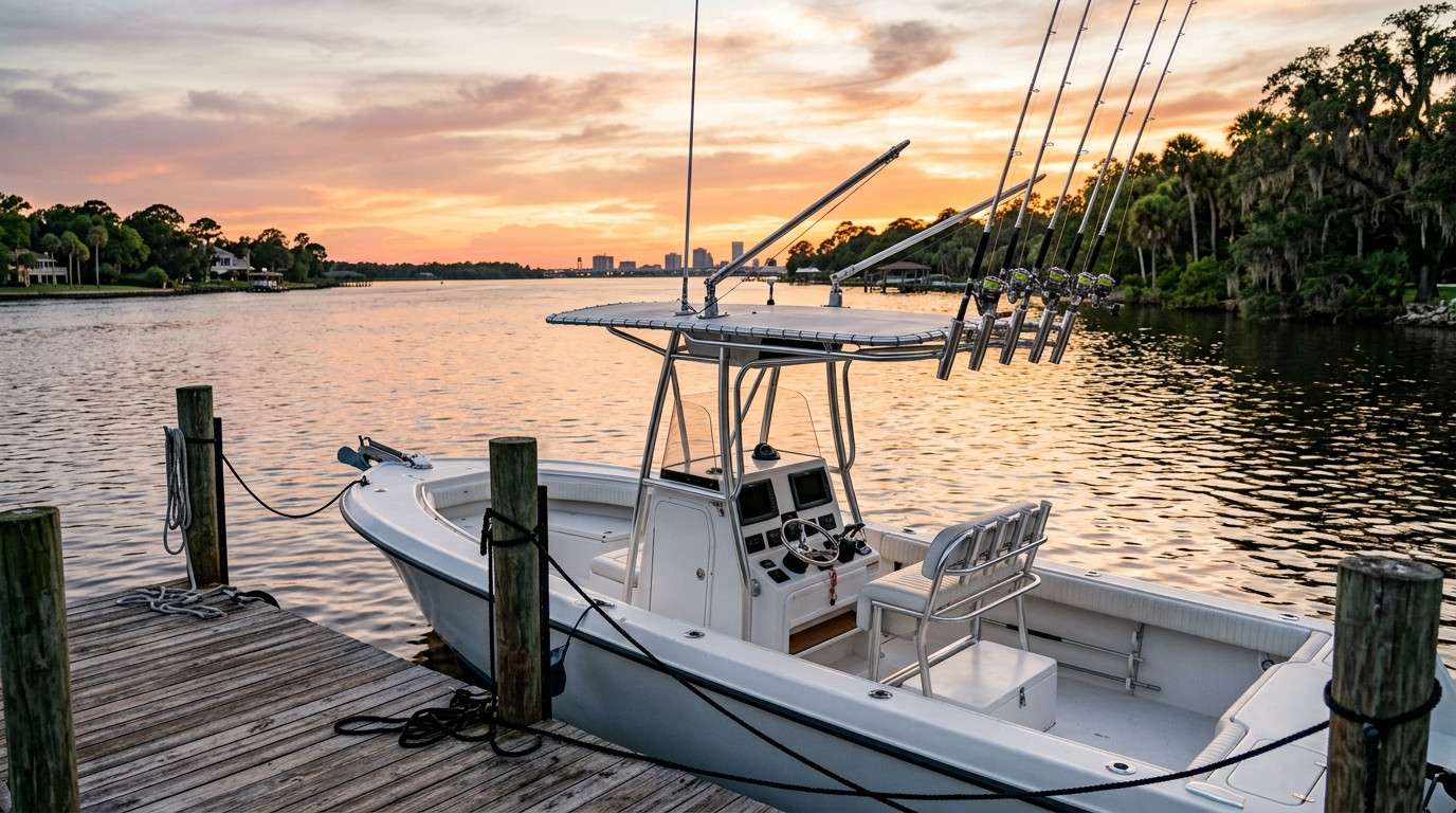 Center console fishing boat docked at a private deep water dock on the St Johns River Jacksonville Florida at sunset