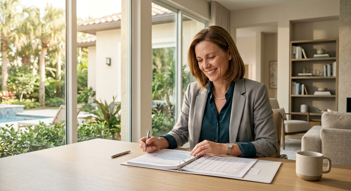 Florida state income tax guide for new residents reviewing savings at home office desk in Jacksonville FL
