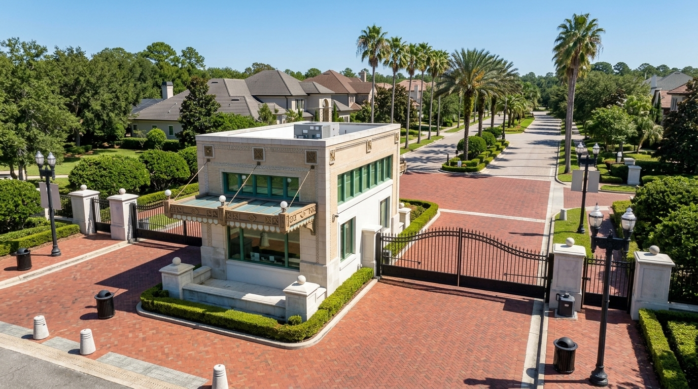 Aerial view of a manned gated community entrance in Jacksonville Florida with palm trees and a guardhouse booth