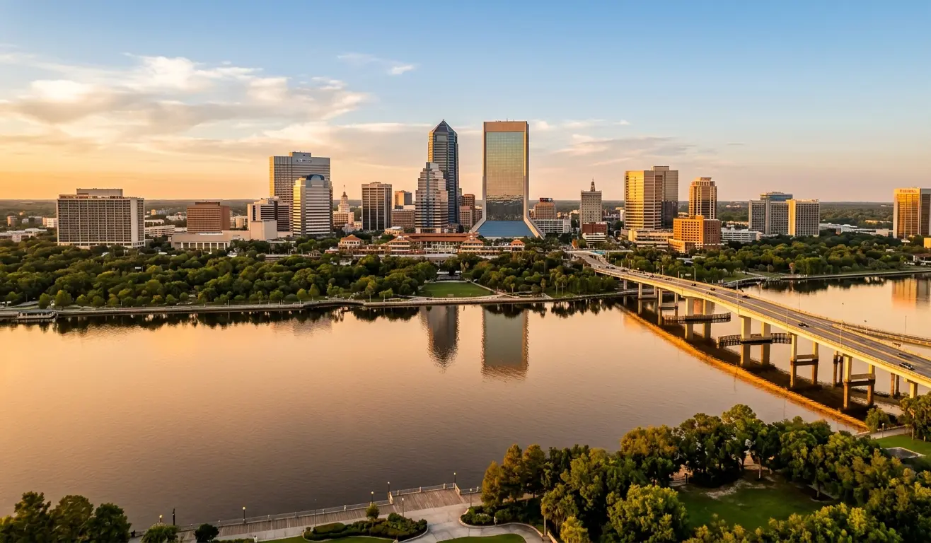 Jacksonville FL downtown skyline and St. Johns River waterfront at golden hour — real estate market 2026