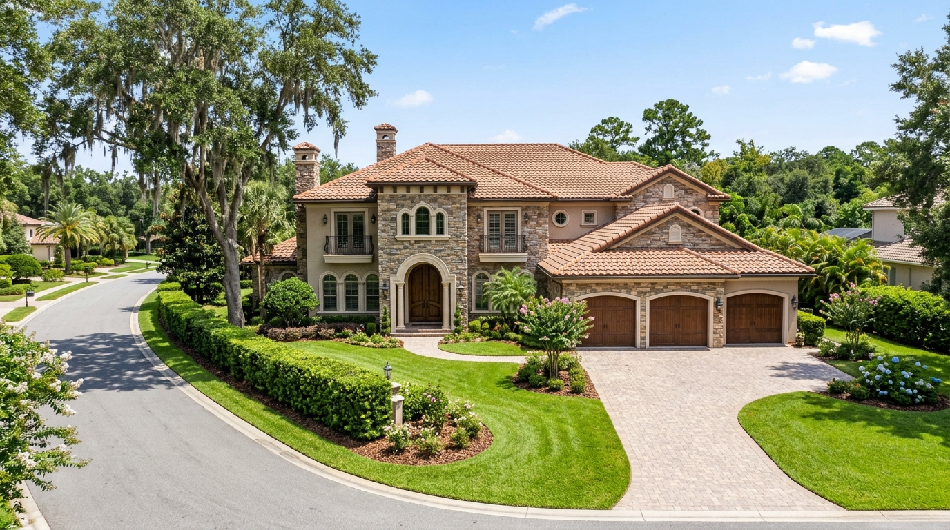 Pablo Creek Reserve Jacksonville Florida luxury estate home with a tile roof and three car garage in a private enclave