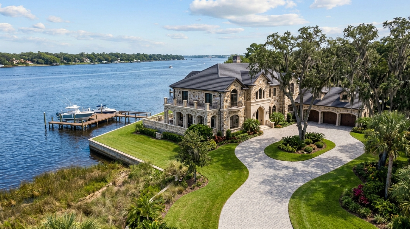Luxury riverfront estate home in Ortega Jacksonville Florida with a private dock and wide St Johns River views