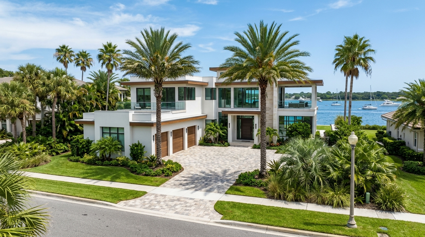 Ponte Vedra Beach Florida luxury waterfront home exterior with palm trees and a clear ocean view in background