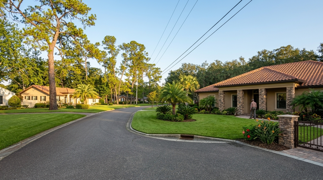 Luxury gated home exterior in Deerwood Jacksonville Florida with manicured front landscaping and a private entry gate