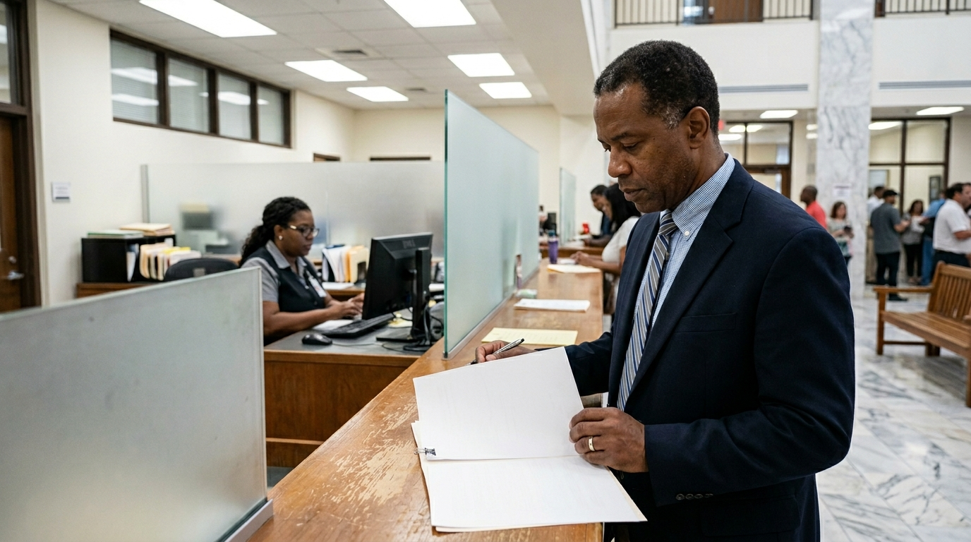 Person reviewing a notarized Declaration of Domicile form at a Florida circuit court clerk office front counter