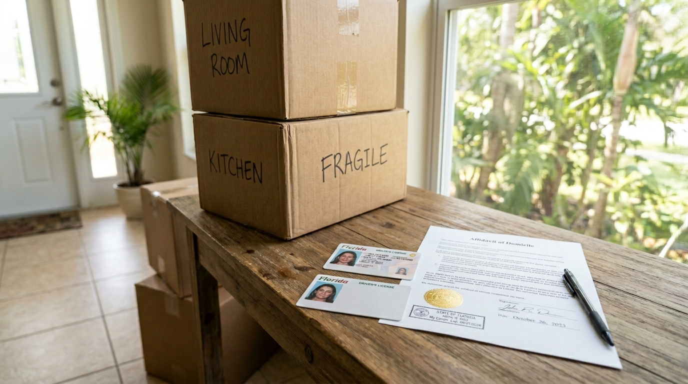 Moving boxes and new Florida driver license documents arranged on a table during a state residency paperwork process