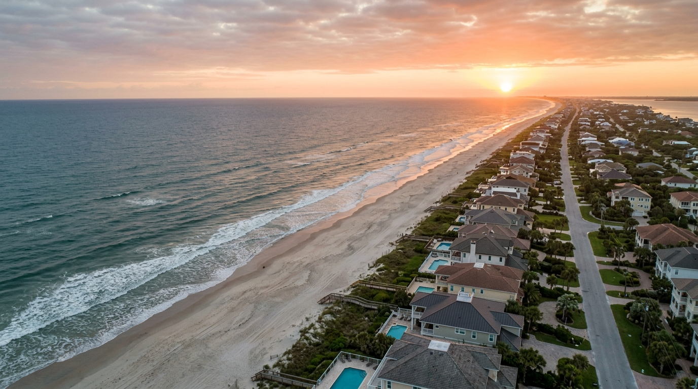 Aerial view of Jacksonville Florida Atlantic Beach coastline showing beachfront homes and the ocean at sunrise