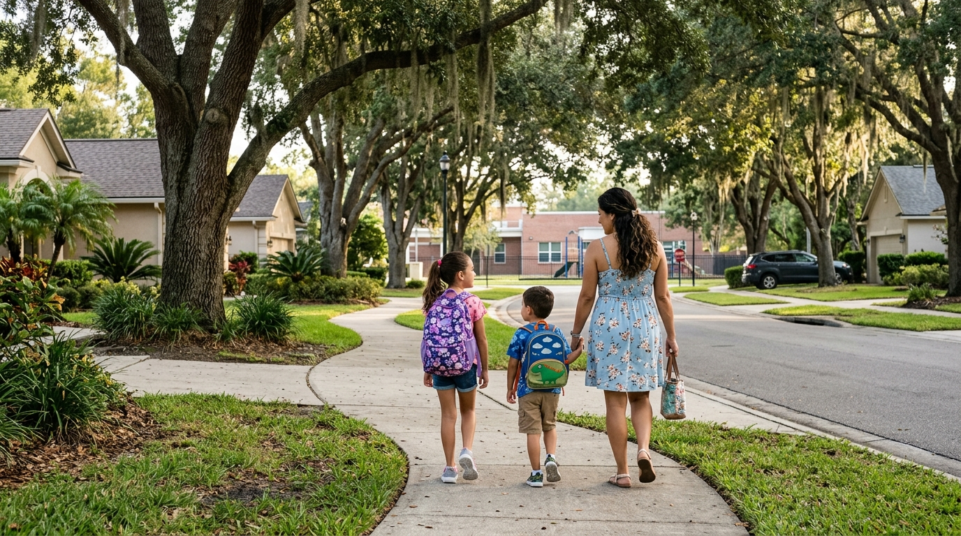Hispanic family walking through a Fleming Island Florida neighborhood street near a top rated Clay County school