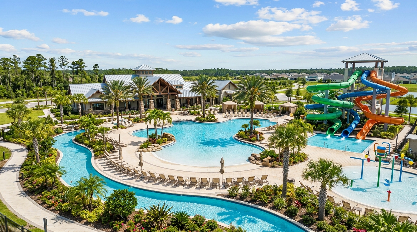 Nocatee Florida master planned community waterpark and resort style amenity center photographed on a clear sunny day