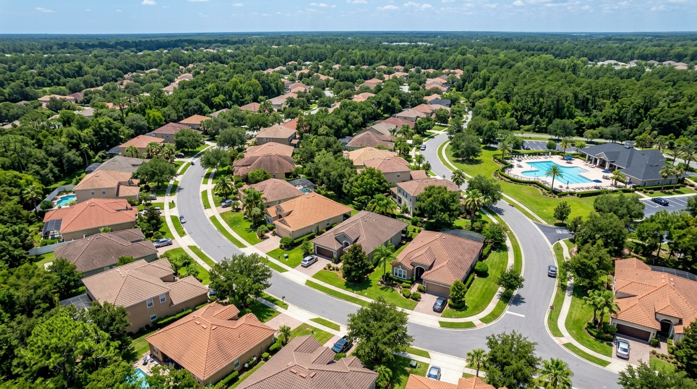 Aerial drone view of Orange Park suburban neighborhood in Clay County Florida showing tree lined residential streets