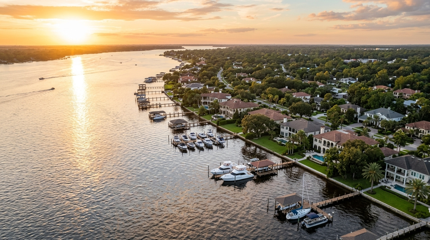 Aerial drone view of St Johns River waterfront homes in Jacksonville Florida photographed at golden hour light