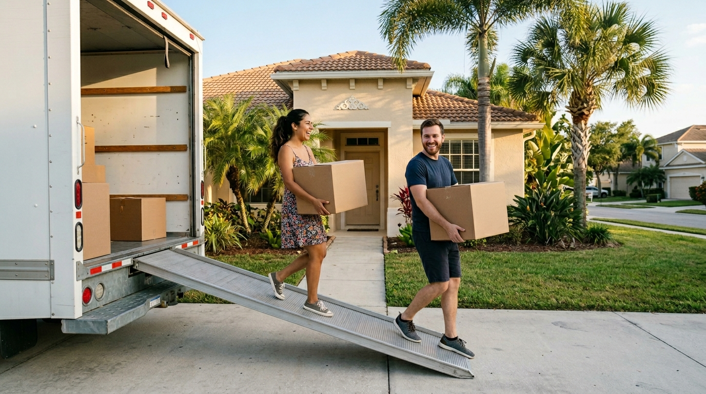 Couple unpacking a moving truck outside their new Florida home while establishing permanent legal residency address
