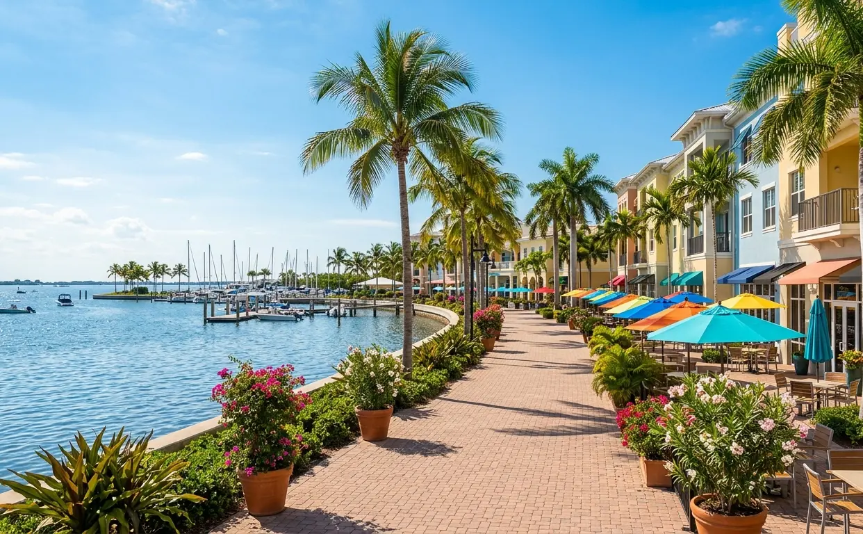 Florida waterfront promenade with palm trees, marina, and café seating — best towns to live in Florida 2026