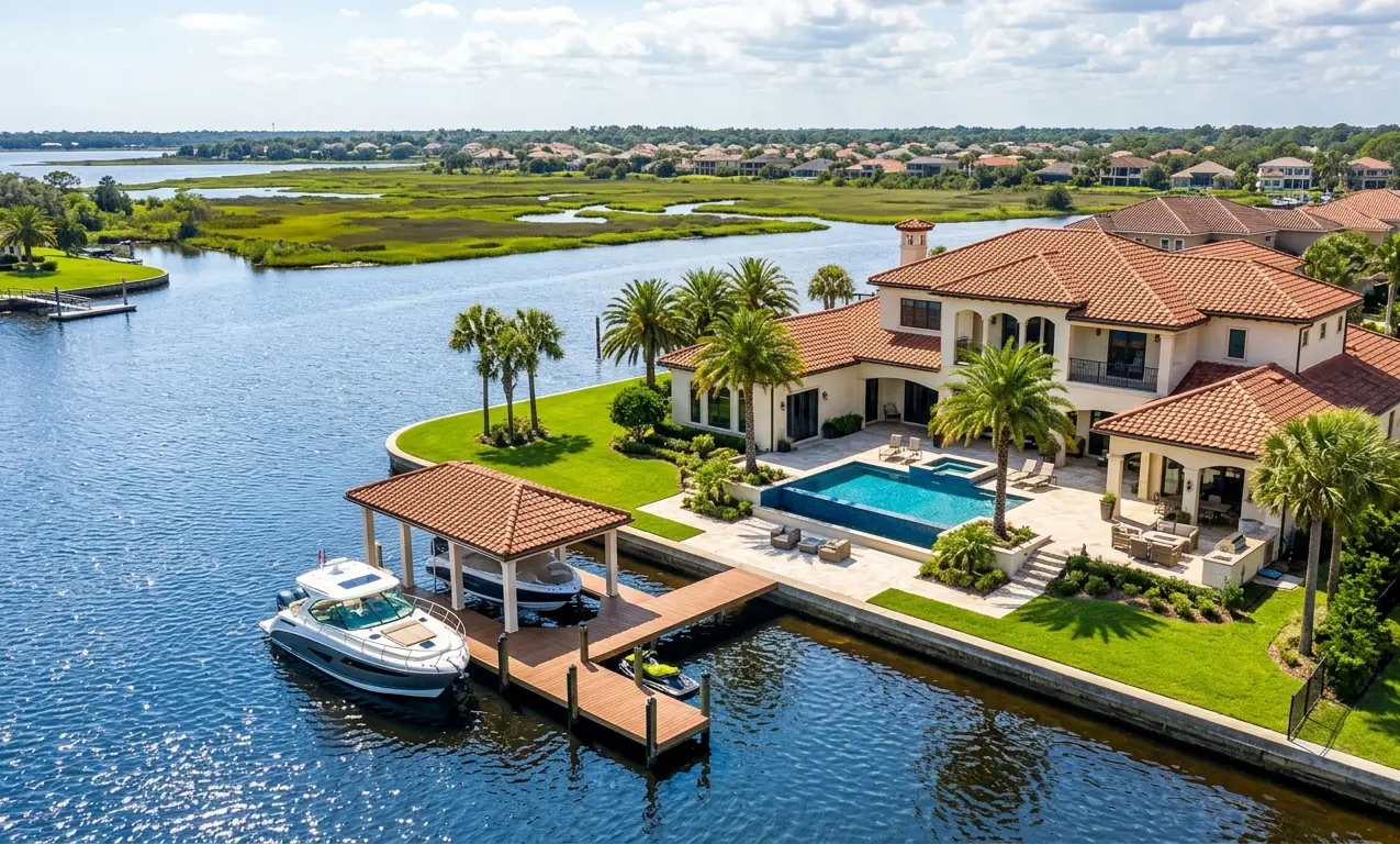 Private dock extending into the St. Johns River from a luxury waterfront estate — Jacksonville FL real estate