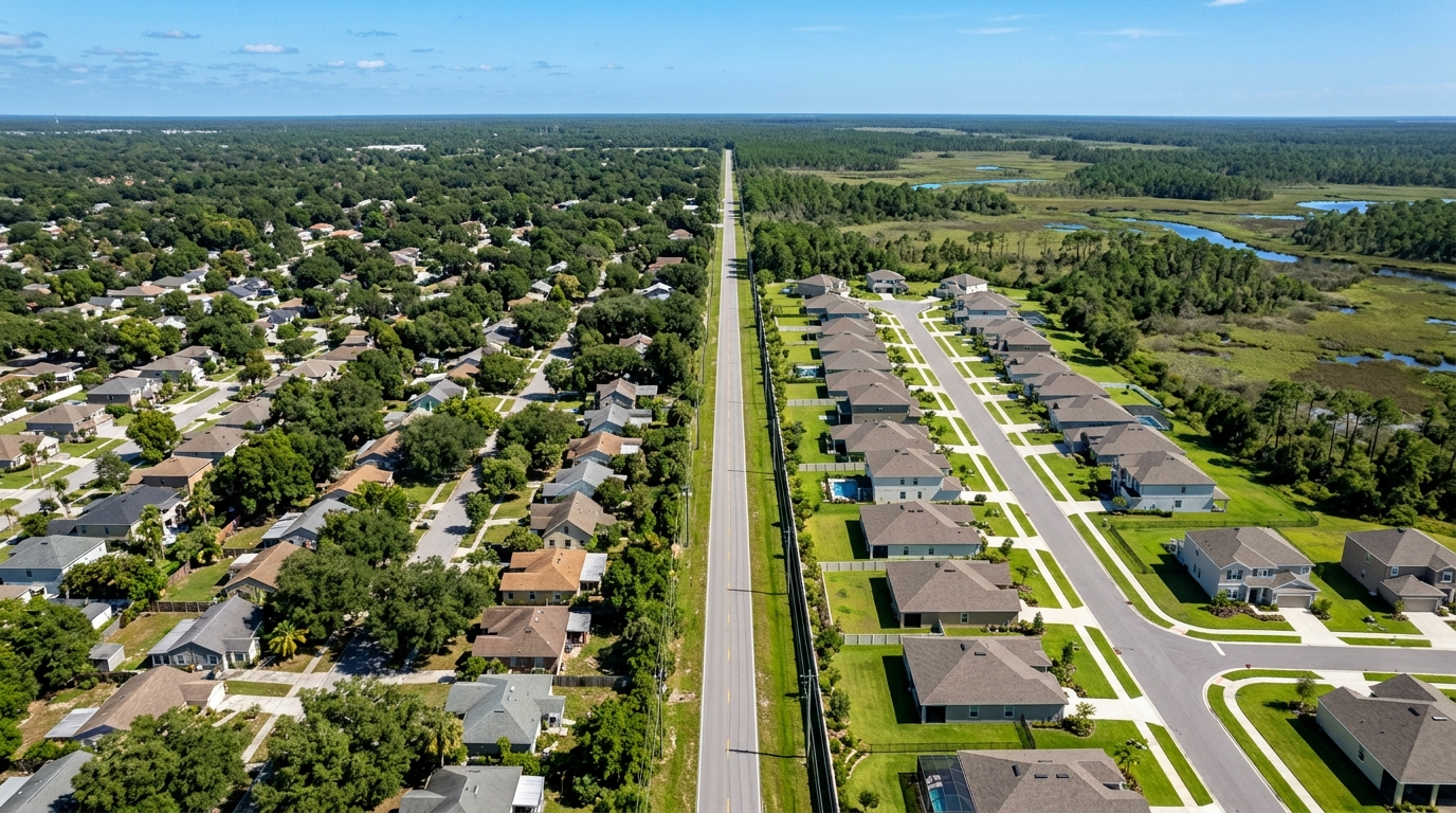 Split aerial photograph of Duval County and Nassau County single-family residential neighborhoods in Northeast Florida