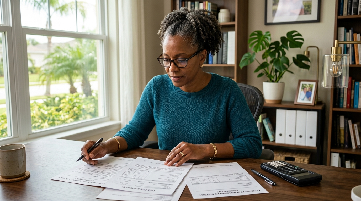 Homebuyer reviewing HOA fee and CDD cost documents for a Jacksonville Florida gated community purchase at desk