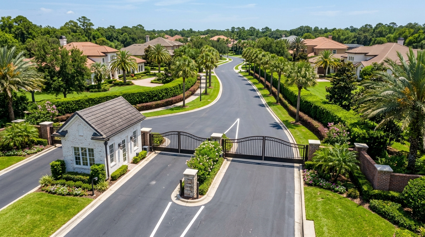 Aerial view of a luxury manned gated community entrance in Jacksonville Florida with palm trees and security booth