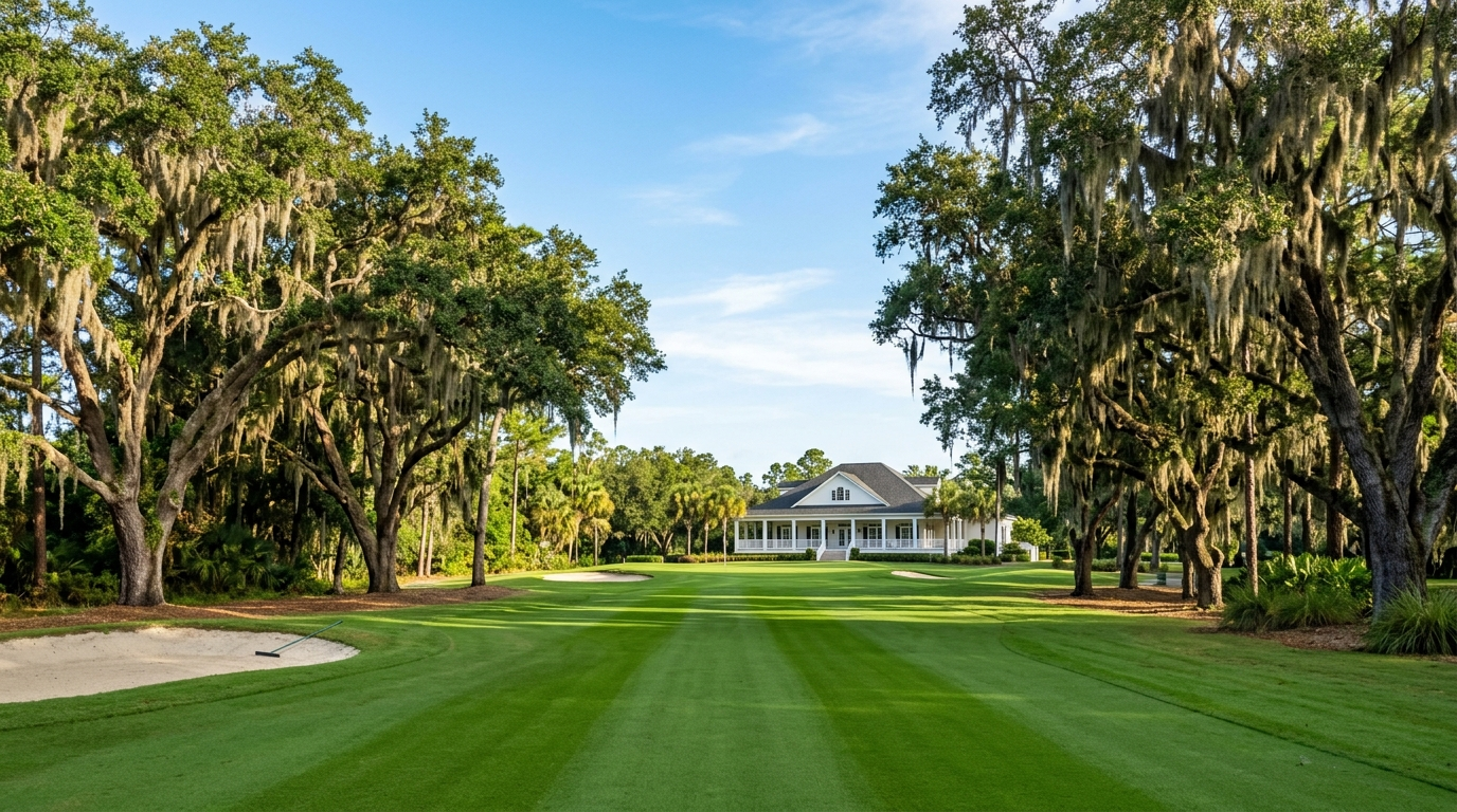 Eagle Harbor Golf Club private course fairway and full clubhouse building in Fleming Island Florida with oak trees