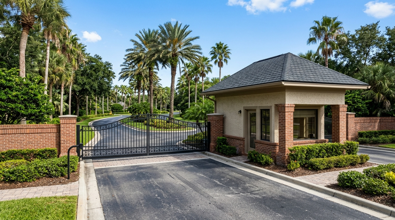 Marsh Landing Country Club 24-hour manned gated entrance and palm lined residential driveway in Ponte Vedra Beach