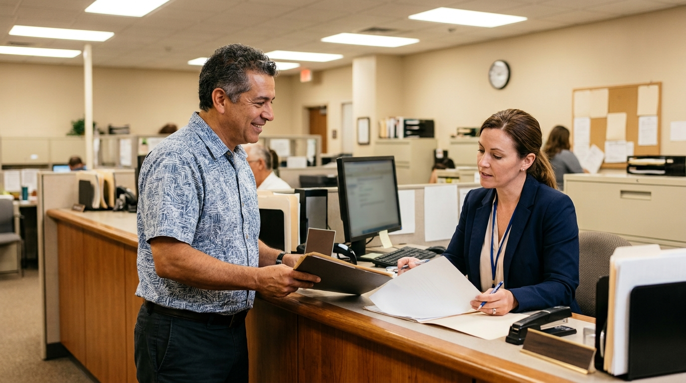 Florida homeowner filing homestead exemption paperwork at a Clay County property appraiser office front counter