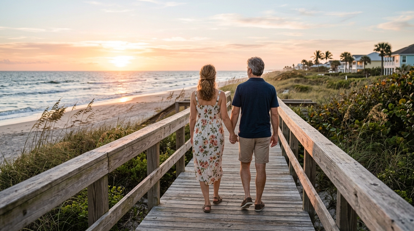 Couple walks toward the beach exploring Ponte Vedra Beach real estate neighborhood options at sunset