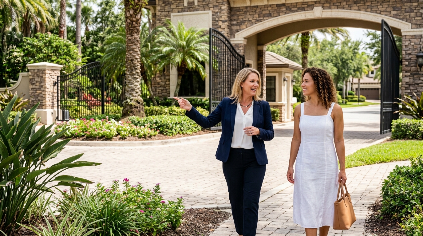 Realtor explains gated community features to buyer touring Ponte Vedra Beach real estate options