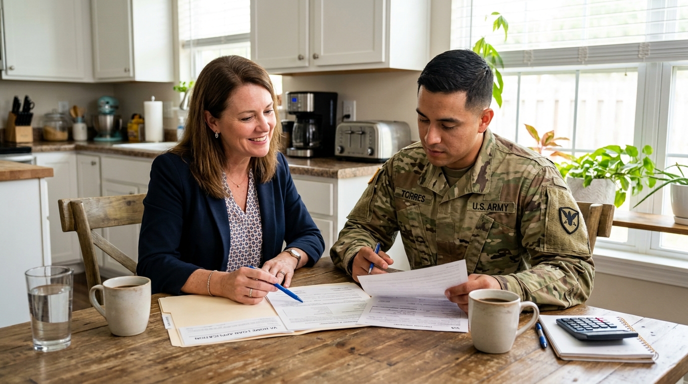 Realtor reviews VA loan Jacksonville FL paperwork with active duty buyer at kitchen table meeting