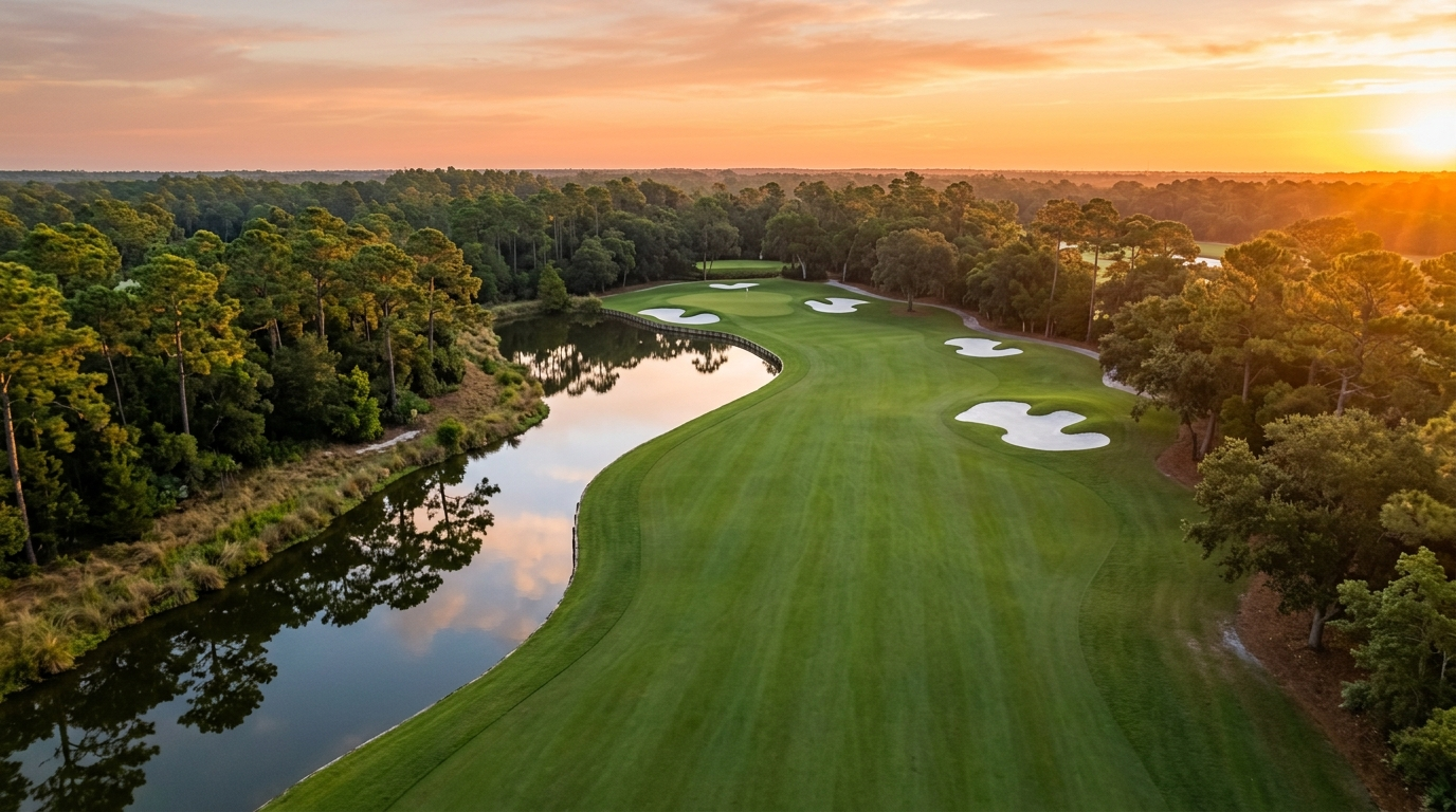 Aerial photograph of TPC Sawgrass golf course fairway and surrounding homes in Ponte Vedra Beach Florida at sunrise