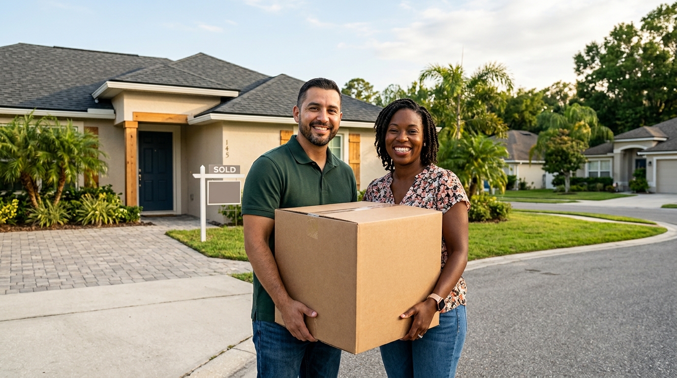 Military couple stands outside Jacksonville FL home during VA loan Jacksonville FL house hunting trip in daylight